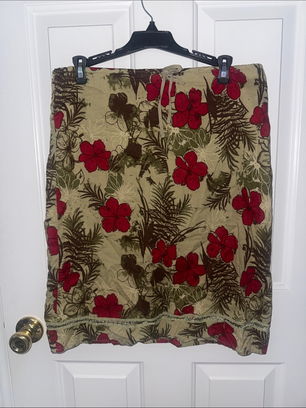 St. John's Bay Olive Midi Skirt with Red Floral Print and Green Foliage